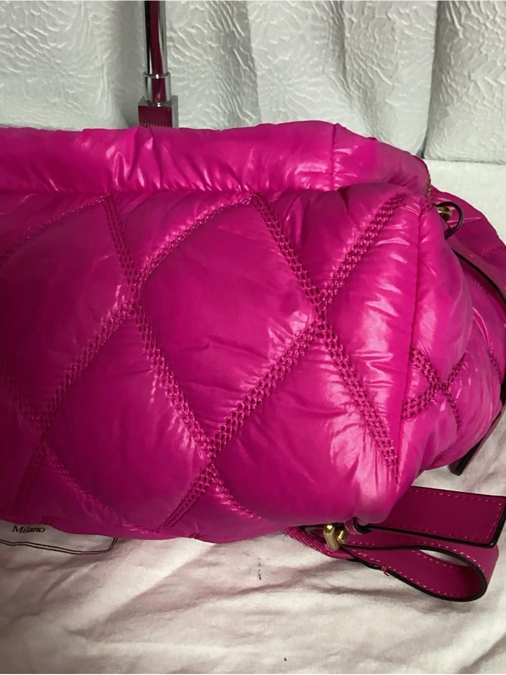 Moschino Quilted Hot Pink Large Nylon Backpack w/ Gold Studded Logo